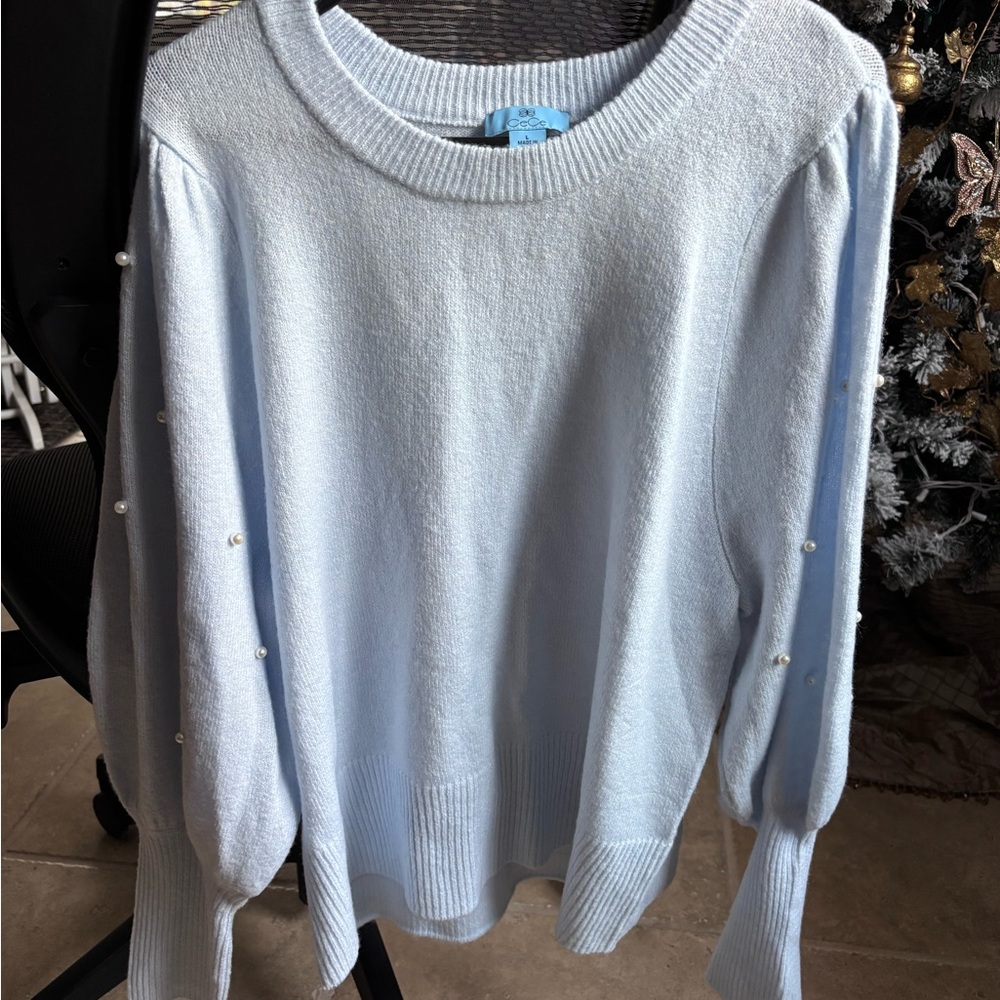 CeCe Light Blue Sweater with Pearl Details